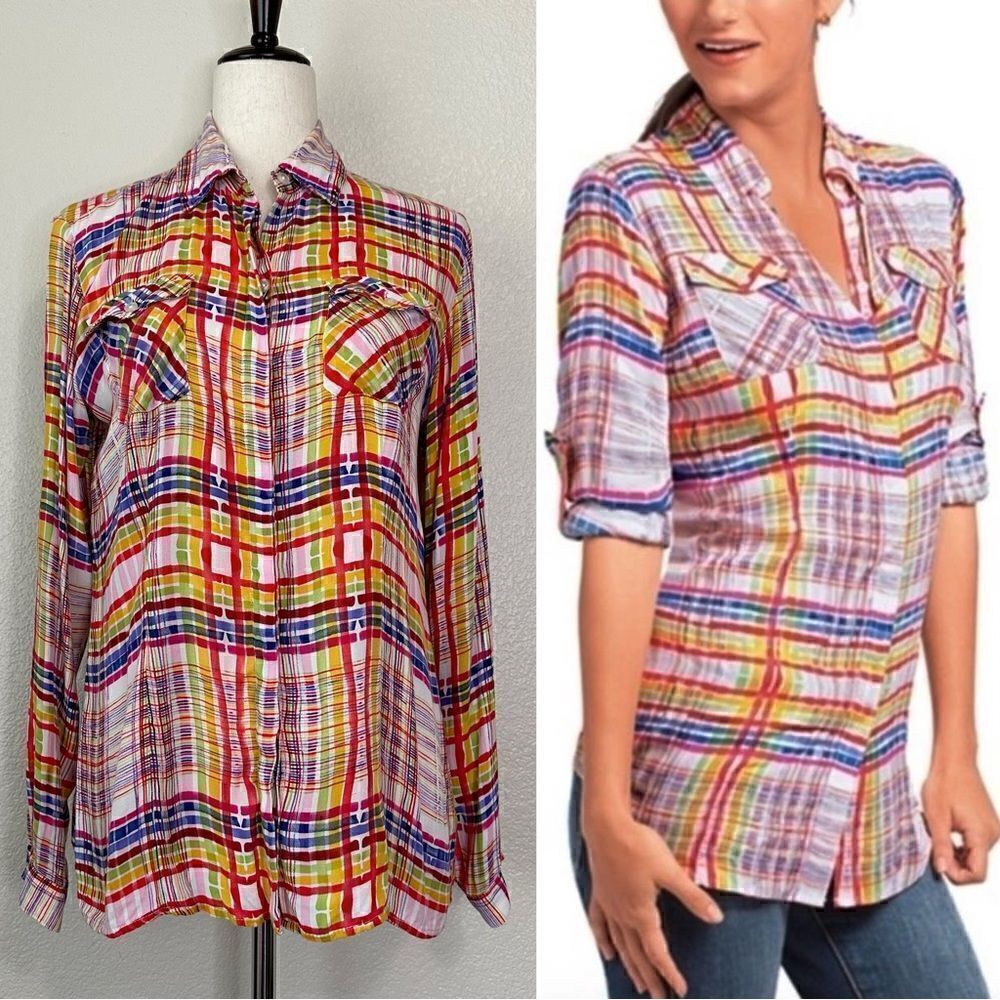 CAbi Cirque Colorful Plaid Button Down Shirt